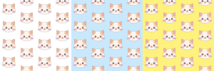 Kawaii patterns for cat day. Cute cat faces pattern. Cat seamless pattern.	