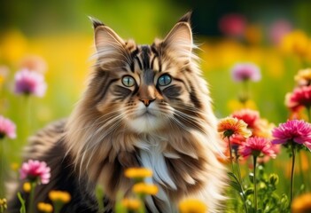 A long-haired tabby cat sitting in a field of vibrant flowers