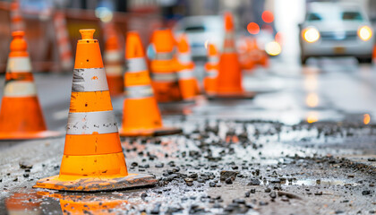 Close-up of orange traffic cones on a wet city street, highlighting urban construction and road safety.