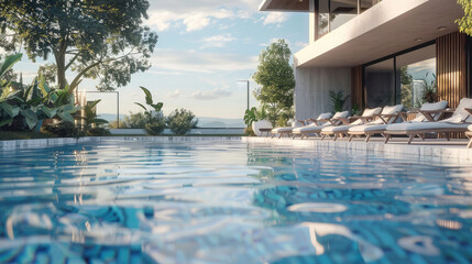 Fototapeta premium Serene vibes surround empty lounge chairs at a poolside oasis against the backdrop of a modern house. A perfect blend of relaxation and contemporary design, inviting you to unwind in style.