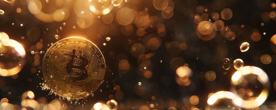 bitcoin floating in the air in a big bubble for risky investments or danger of crypto currencies trading and bubble crisis crash bear market as wide banner with copyspace area