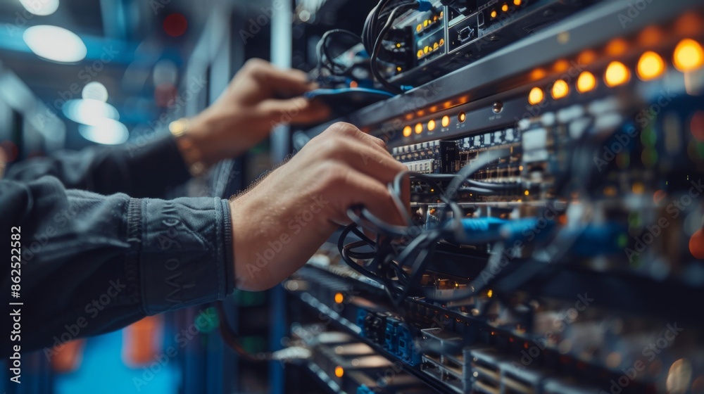 Wall mural telecom technician working on a patch panel in a data center.