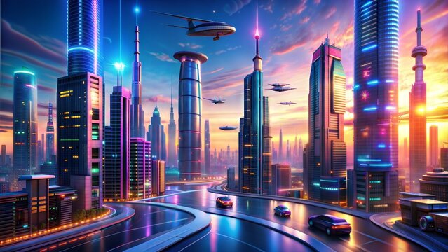 Futuristic cityscape with flying cars, glowing holograms, and sleek skyscrapers, Cyberpunk, Neon, 3D rendering, High tech and vibrant