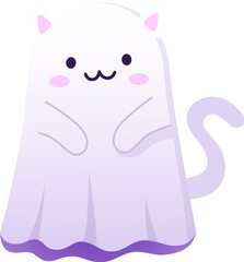 Halloween kawaii ghost cat character. Isolated cartoon vector kitten spook with ghostly twist, featuring adorable feline charm and spectral allure, creating an irresistibly loveable phantom personage