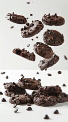 Levitating chocolate chip cookies on a white background