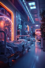 Obraz premium Futuristic Hospital Ward with Advanced Wearable Devices Monitoring Patient Vitals on Interactive Screens