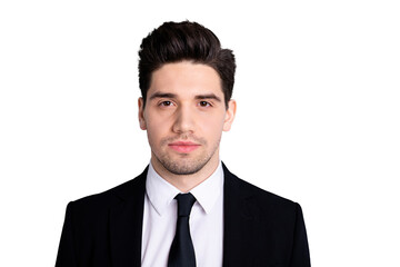 Close up photo amazing he him his macho attractive handsome look watch interested curious wondered not smiling wear white shirt black suit jacket tie formalwear isolated bright grey background