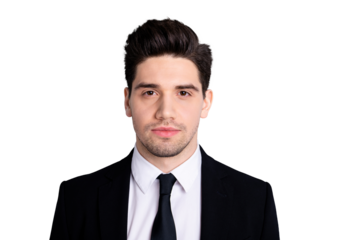 Close up photo amazing he him his macho attractive handsome look watch interested curious wondered not smiling wear white shirt black suit jacket tie formalwear isolated bright grey background