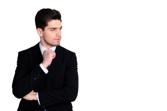 Close up photo amazing he him his macho attractive handsome look wondered side empty space watch seminar report wear white shirt black suit jacket tie formal-wear isolated bright grey background