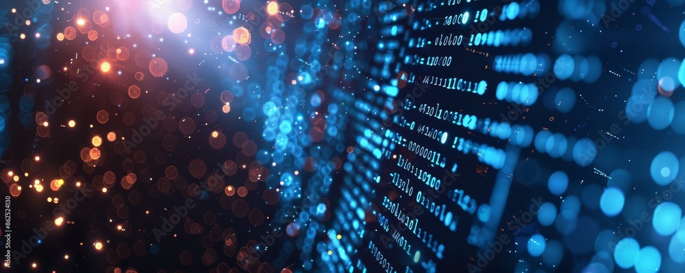 Aufkleber information technology and blue digital binary data network with coding and software algorithm programing as blue data flow abstract datum background banner