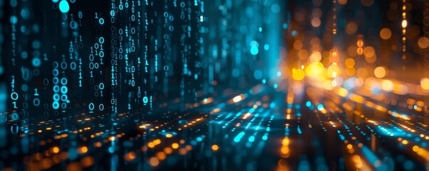 information technology and blue digital binary data network with coding and software algorithm programing as blue data flow abstract datum background banner