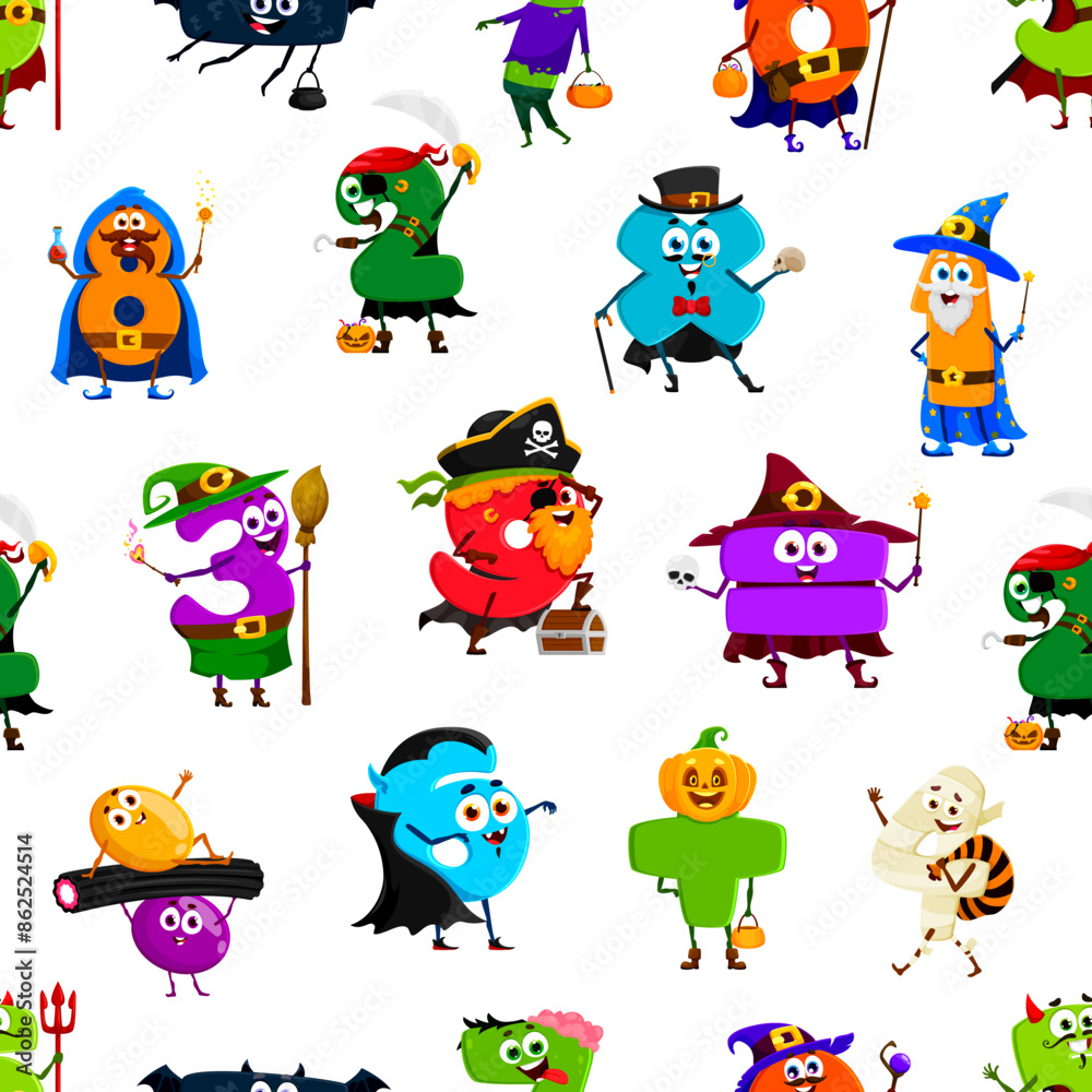 Poster cartoon halloween numbers and digit characters pattern, vector background. funny numbers in hallowee