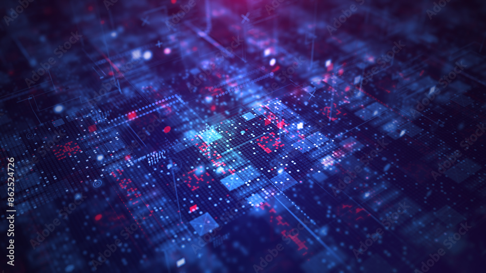 Fototapete Technology digital data network background, Futuristic digital data transfer, Digital cyberspace technology abstract background 3d rendering