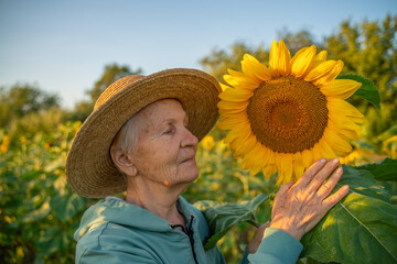 A woman in a straw hat is holding a sunflower. Concept of warmth and happiness, as the woman is surrounded by the bright and cheerful flower.