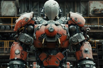 Powerful Cyberpunk-inspired Mechanical Exoskeleton Dominating an Industrial Backdrop