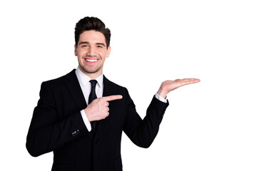 Portrait of handsome satisfied representative present option news information recommend discount sale feedback advert concept advise choose decide suggest isolated argent background stylish outfit