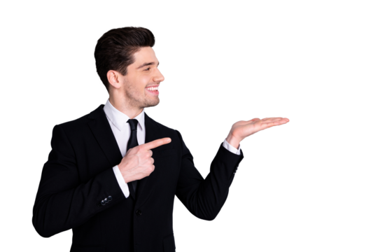 New option ad concept. Portrait of cheerful satisfied representative in black jacket advise suggest recommend present information sale discount decision choice feedback isolated grey background