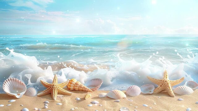 sea shells and starfish in the tropical beach with white beach sand