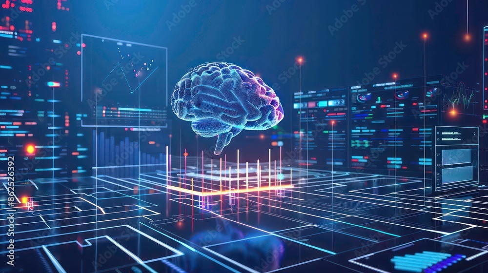 Poster business intelligence, data analytics and visualization concept. machine learning, artificial intell