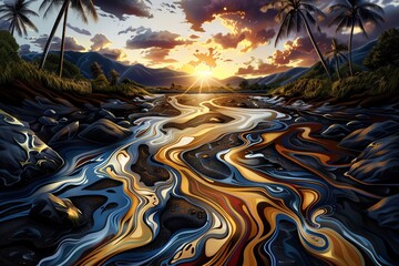 A polluted river after a chemical spill, environmental disaster, digital drawing, toxic and hazardous