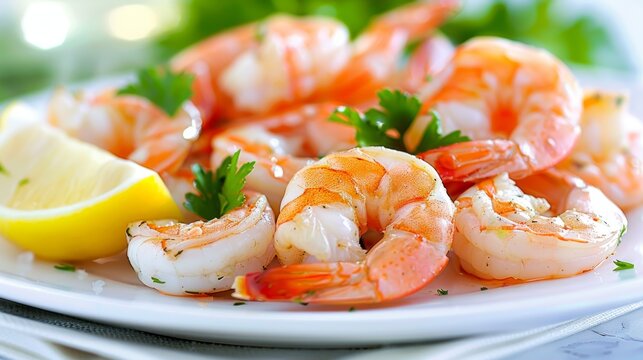 Freshly cooked shrimp with lemon and parsley on a plate