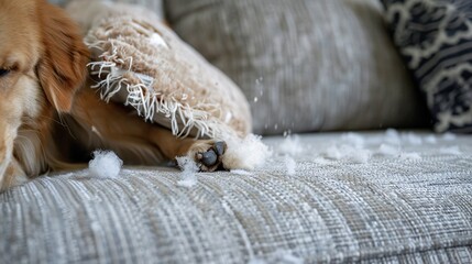 Clear and precise view of a dog's paw ripping apart a pillow on a stylish living room couch