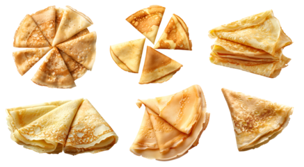 Crêpe Crepe crepes batter dessert on transparent cutout, PNG file. Many assorted different angles, stack, broken, pile, slice. Mockup template for artwork