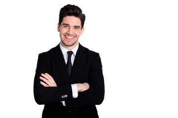 Portrait of handsome relaxed representative feel glad enjoy have fun career concept content dream dreamy independent freelancer wear classic outfit isolated on ashy-gray background