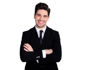 Portrait of handsome relaxed representative feel glad enjoy have fun career concept content dream dreamy independent freelancer wear classic outfit isolated on ashy-gray background