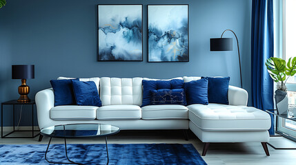 Interior with navy blue and white colours sectional sofa and glass-top side table in modern living room and light grey colours mock-up wall