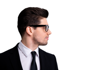 Close-up profile side view portrait of his he nice elegant attractive candid calm guy executive leader expert development agent broker isolated over light gray background