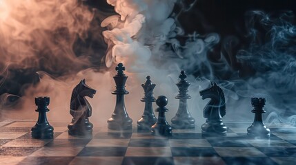 chess queen beats king between other pieces on the chessboard, smoke over the battle, dark background, concept for aggression, success and competition. Generative AI