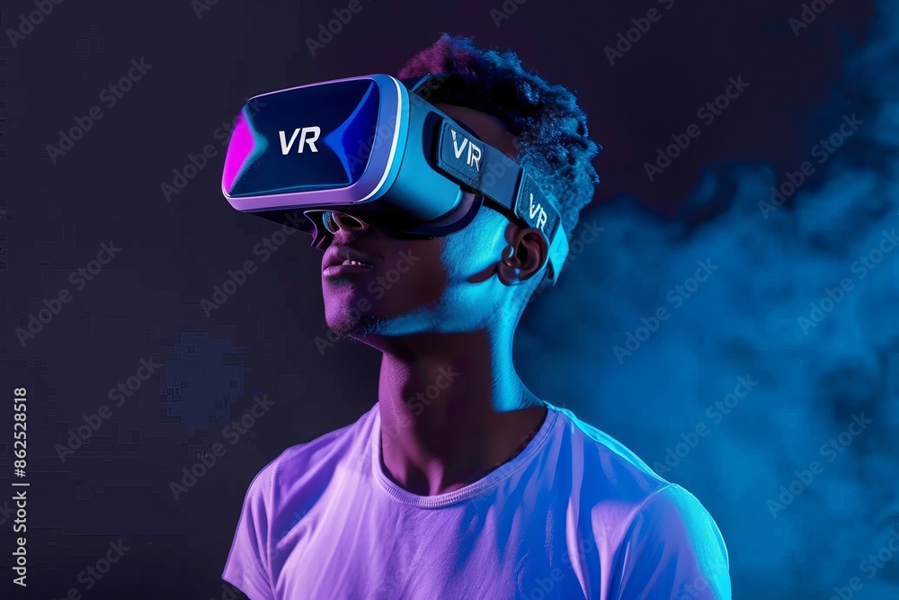 Sticker man using vr headset in a dark room with blue light, experiencing immersive virtual reality technolo