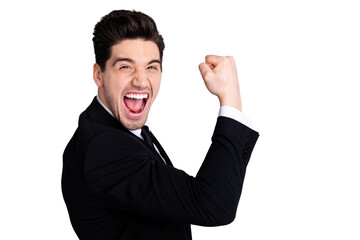 Close up portrait emotional millennial chairmen executive feel thrilled scream shout yeah raise fists expression impressed celebration contract modern classic outfit isolated grey background