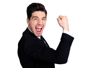 Close up portrait emotional millennial chairmen executive feel thrilled scream shout yeah raise fists expression impressed celebration contract modern classic outfit isolated grey background