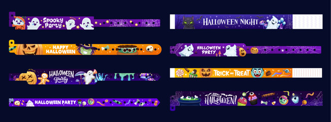 Naklejka premium Halloween holiday party paper bracelets with cartoon characters. Hand wristband mockups. Vector festive wrists, playful accessories set with spooky pumpkins, ghosts, witch or vampire, sweets and bats