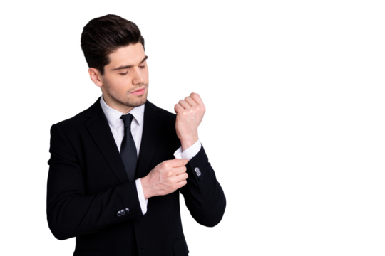 Portrait charming handsome economist agent stylish touch hand fingers button feel relaxed calm minded have project strategy young boss chief wear fashionable clothing isolated silver background - Powered by Adobe