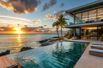 Sunset view of a pool and lounge chairs overlooking the ocean, Travel concept