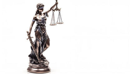 Statue of Lady Justice isolated on white, low angle view. Symbol of fair treatment under law