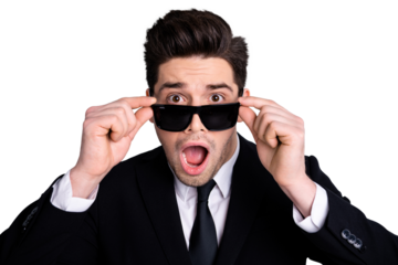 Close up portrait disappointed horrified collar frightened by executive boss problem startup isolated grey background depressed scream shout open mouth touch specs astonished stylish black jackets