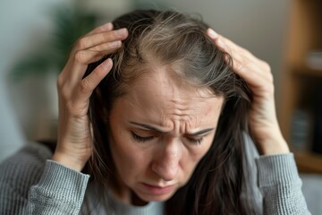 Worried woman with hands on head showing stress and hair loss