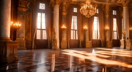 Large hall with golden baroque marble pillars