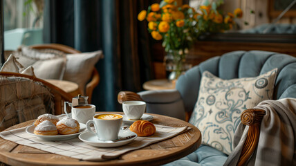 Fototapeta premium A cozy corner in a café with elegant decor, showcasing a creamy coffee and a selection of delicate pastries. Ai generated
