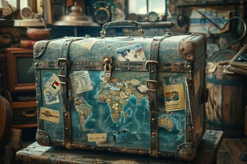 Suitcase with a map on it sitting on a table, Travel concept