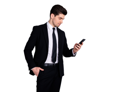 Portrait of handsome charming investor investment have conversation use modern technology get message solve work problems feel worried dressed modern classic blazers isolated on argent background