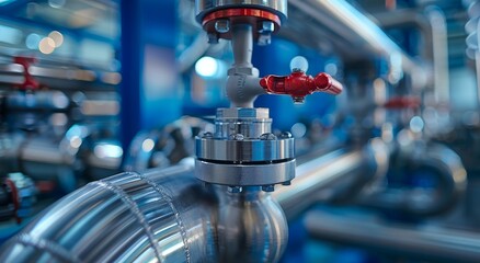 Fototapeta premium Detailed view of a shiny stainless steel valve within an industrial pipeline system, highlighting precision engineering and metallic textures.