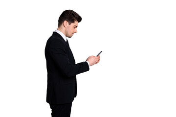 Profile side view photo concentrated youth ceo have conversation chatting messages colleagues friends marketers think thoughtful solve work problems fashionable outfit isolated argent background