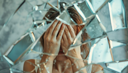 Woman covering face with hands near broken mirror. Mental problems