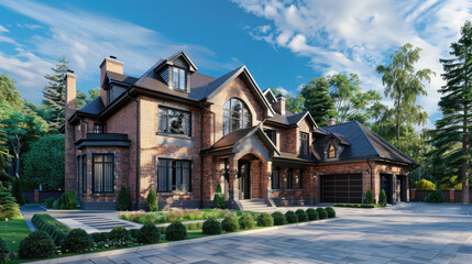 The exterior of a luxurious house adorned with a tasteful combination of brick and siding trim, showcasing elegant craftsmanship.