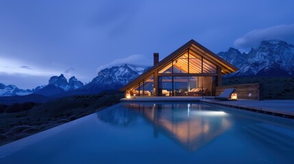 Fototapeta premium Luxurious modern mountain cabin illuminated at dusk, featuring large glass windows, a wooden exterior, and an outdoor pool with stunning mountain views.